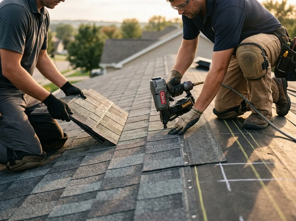 Professional roofer working on a residential roof in La Joya